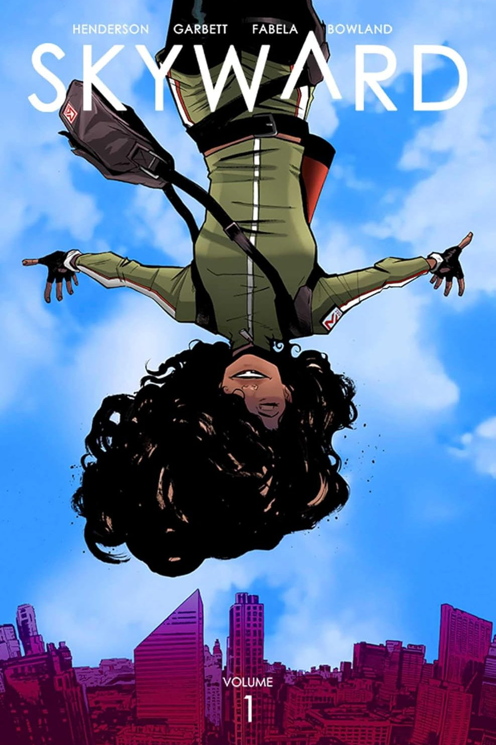 Comic book cover titled 'Skyward' with a character falling from the sky above a cityscape.